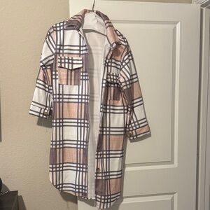 Plaid Longline Shirt Jacket in Cream and Brown
